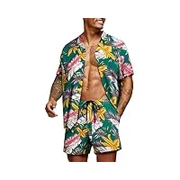 coofandy ensemble hawaïen pour hommes, chemise décontractée avec chemise et short d'été à imprimé floral, vert olive, m
