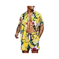 coofandy ensemble hawaïen pour hommes, chemise décontractée avec chemise et short d'été à imprimé floral, fleur jaune, m