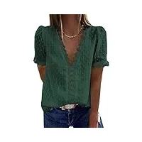 coloody femme tee shirt dentelle col en v, manches courtes loisirs d'été tunique en jacquard en dentelle blouse amples caraco en dentelle tops chemisiers à la mode(vert) xl