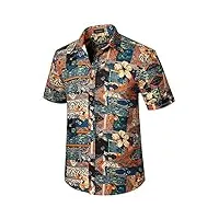hisdern homme fleurs chemise hawaïenne Été manches courtes tropical casual funky aloha chemises plage pour hawaï bleu marine/orange l