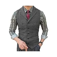 gilet costume homme vintage décontracté pour à chevrons tweed revers cranté gilet coupe slim(gris, s)