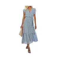 sevetat robe longue en mousseline de soie bohème avec ceinture - robe d'été élégante - col en v - robe florale - robe de soirée à volants - robe de plage, bleu clair, l