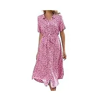 livonmone robe d'été pour femme - imprimé floral - décontractée - manches courtes - robe midi fluide - col en v - robe de plage chic avec ceinture, rose rouge, m