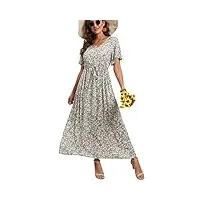 grecerelle robe de plage longue d'été bohème pour femme avec imprimé floral, col en v, manches courtes, cordon de serrage, taille haute et fluide, a27 lily green, xl