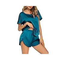 ekouaer pyjama court en satin pour femme - ensemble de pyjama d'été - couleur unie - sleepwear - haut et short - vêtements de nuit sexy - taille s à xxl, turquoise., m