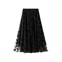 jupe taille extensible en tulle floqué pour femme, jupe plissée en dentelle brodée, jupe longue tapèze taille haute superposée (noir)