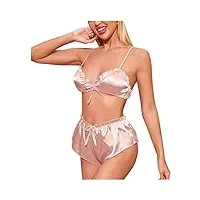 ensemble de lingerie pour femmes, sexy satin sous-vêtements, 2 pièces bra + shiffs set, bowknot strajames confort pyjamas set, vêtements de nuit de couleur unie zz666 (color : pink, size : m)