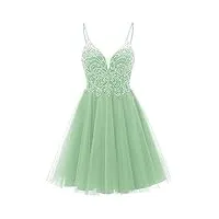 emmani robe de bal courte en tulle avec bretelles spaghetti et perles en dentelle, vert clair, 44