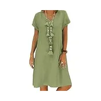 robe pour femme robe d'été en lin robe décontractée à col en v robe midi à manches courtes robe à ligne en a robe tunique pour le soleil sans accessoires(a vert, l)