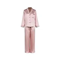 aiyifuty pyjama en pure soie pour femme, pyjama boutonné à manches longues 2 pièces vêtements de nuit ensembles de confort,beige,xl