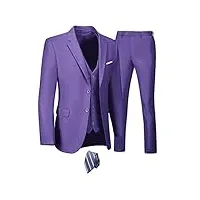 furuyal ensemble de costume 3 pièces pour homme, coupe ajustée, deux boutons pour mariage, affaires, smoking solide, veste, gilet, pantalon avec cravate, violet, xx-large