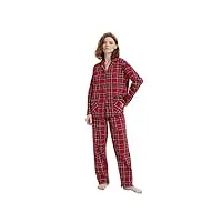amaxer pyjama femme hiver chaud 100% flanelle ensembles de pyjama cotton chemise de nuit longue|plaid rotes, l