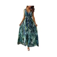 toplaza robe de plage longue femme décolleté en v impression de plantes tropicales, vert, xl