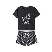 myfav pyjama à manches courtes pour femme mignon chat t-shirt et short vêtements de nuit pyjama d'été ensemble(black,xs)