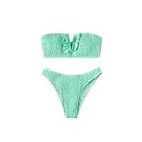 shein maillot de bain 2 pièces smocké pour femme - bikini bandeau à coupe haute avec bordure en v et volants, vert menthe, taille s