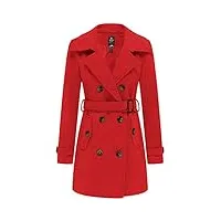 wantdo femme manteaux en laine mélangée à double boutonnage manteau femme hiver chic manteau chaud mi-long Épaulette manteau mince avec ceinture rouge-x 38