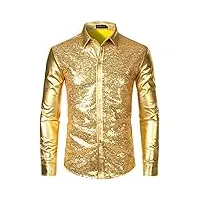 lucmatton chemise pour homme boutonnée à paillettes métalliques scintillantes, manches longues, coupe ajustée, pour club, rock, hip-hop, disco, fête, cosplay, doré, m