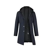 youthup manteau homme en laine à capuche chaud long manteau d'hiver epais trench coat parka caban, bleu marine, l