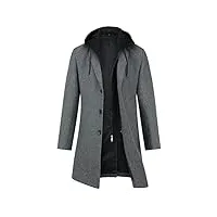 youthup manteau homme en laine à capuche chaud long manteau d'hiver epais trench coat parka caban, gris, m
