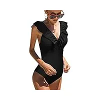 heekpek maillot de bain 1 pièce femme ensembles col v monokini sexy amincissant sexy bikini imprimé vetement de plage bikini vintage maillot de bain volant,noir 2, taille xl
