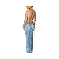 robe longue sexy sans manches avec découpe dos nu pour femme - robe de cocktail moulante à bretelles spaghetti, embrasse bleu, taille l