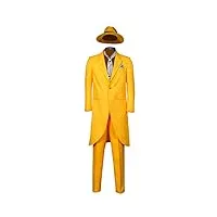 funhoo homme mask jim carrey cosplay costume manteau pantalon jaune avec cravate, chapeau, serviette de poitrine costume long comédie 90s déguisement halloween film déguisements adultes (s, jaune)