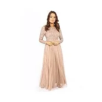 maya deluxe womens ladies petite maxi dress for wedding guest long sleeves sequins empire high waist embellishment boat neck prom robe, taupe blush, 8 femme