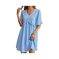 ausla robe décontractée d'été pour femme, joli col en v, manches à volants, mini robe tunique ample et fluide, bleu clair, s