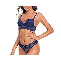 shekini 2 pièces ensemble lingerie femme dentelle armatures soutien gorge bretelles amovibles string elegance bra avec push up et tanga lingerie set(bleu,38/85c)