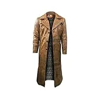 trench marron pour homme, cuir vieilli, manteau long vintage sous le genou, manteau original en cuir d'agneau, cuir, xxxl