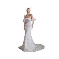 babyonlinedress robe de mariée femme longue élégante bustier dos nu en dentelle sirène avec traîne manches amovibles 38