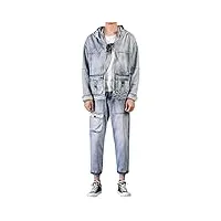 harajuku japonais veste cargo multi-poches pantalon denim ensemble pour homme hip hop veste à capuche sarouel jeans ensembles décontractés, ensemble 2 pièces., l