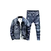 ensemble de jeans pour homme printemps et automne, veste cargo vintage et pantalon crayon, vêtements d'extérieur assortis, bleu, xl