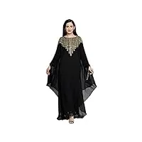 femmes farasha brodé caftan longue robe faux georgette ethnique soirée mariée robe avec Écharpe gratuite noir, noir, large