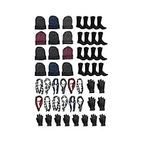 kit d'hiver 48 pièces pour homme : 12 paires de gants + 12 bonnets + 12 paires de chaussettes + 12 écharpes, ensemble de 48 pièces de couleurs foncées, taille unique