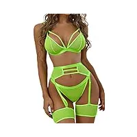 aranmei ensemble de lingerie sexy 4 pièces pour femme avec porte-jarretelles et porte-jarretelles, soutien-gorge et culotte en maille taille haute, vert fluorescent, xs