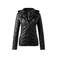 générique blousons femme veste cuir femme blouson femme simili cuir faux leather biker jacket femme veste de moto (chapeau détachable) (noir, xl)