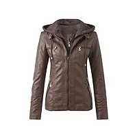 générique blousons femme veste cuir femme blouson femme simili cuir faux leather biker jacket femme veste de moto (chapeau détachable) (marron, xl)