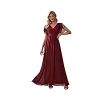 ever-pretty robe bal de promo longue femme manches courtes col v mousseline a line fluide plissé chic bordeaux 44