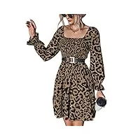 robe femme col carré manches longues taille haute dos nu robe décontractée robe de plage robe de soirée robe de cocktail robe tunique élégante avec imprimé léopard et(xl-café profond)