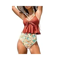 cupshe tankini set pour femmes maillots de bain à volants taille haute contrôle du ventre nœud bretelles réglables, rouge floral, taille xs