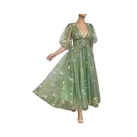 emmani robe de bal à manches bouffantes pour femme avec broderie florale en tulle longueur thé, manches mi-longues vertes, 38