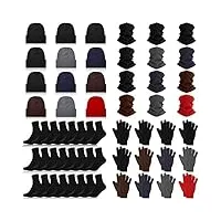 lot de 48 bonnets, cache-cou, gants et chaussettes d'hiver unisexes en vrac - chaud - cadeau pour homme et femme, noir, gris, bleu marine, café, rouge vin, taille unique