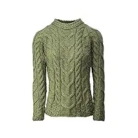 aran woollen mills - carraig donn pull irlandais en laine mérinos super douce pour femme, vert prairie, taille l