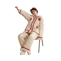 ensembles de pyjamas chauds et Épais pour femmes hiver ensemble de pyjama en molleton de corail à manches longues pantalon complet pyjama fille vêtements de nuit (couleur : beige, taille : code xxl) (