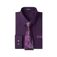 hisdern chemise violet homme manches longues formelle chemises business avec cravate habillée chemise mariage casual avec poche regular l