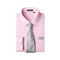 hisdern chemise rose homme manches longues business chemises avec cravate habillée chemise casual mariage avec poche regular m