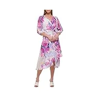 dkny imprimé floral faux-wrap v-cou tie-waist 3/4 balloon sleeve mousseline midi robe cocktail, crème/framboise, 42 femme