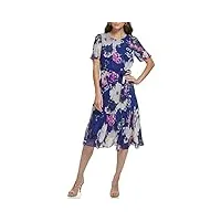 dkny godet sleeve tie-waist fit & flare floral print chiffon midi dress, robe de cocktail aux femmes, blue/raspberry,