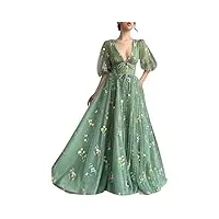 robes de bal à manches mi-longues en tulle avec broderie florale pour femme, vert, 38